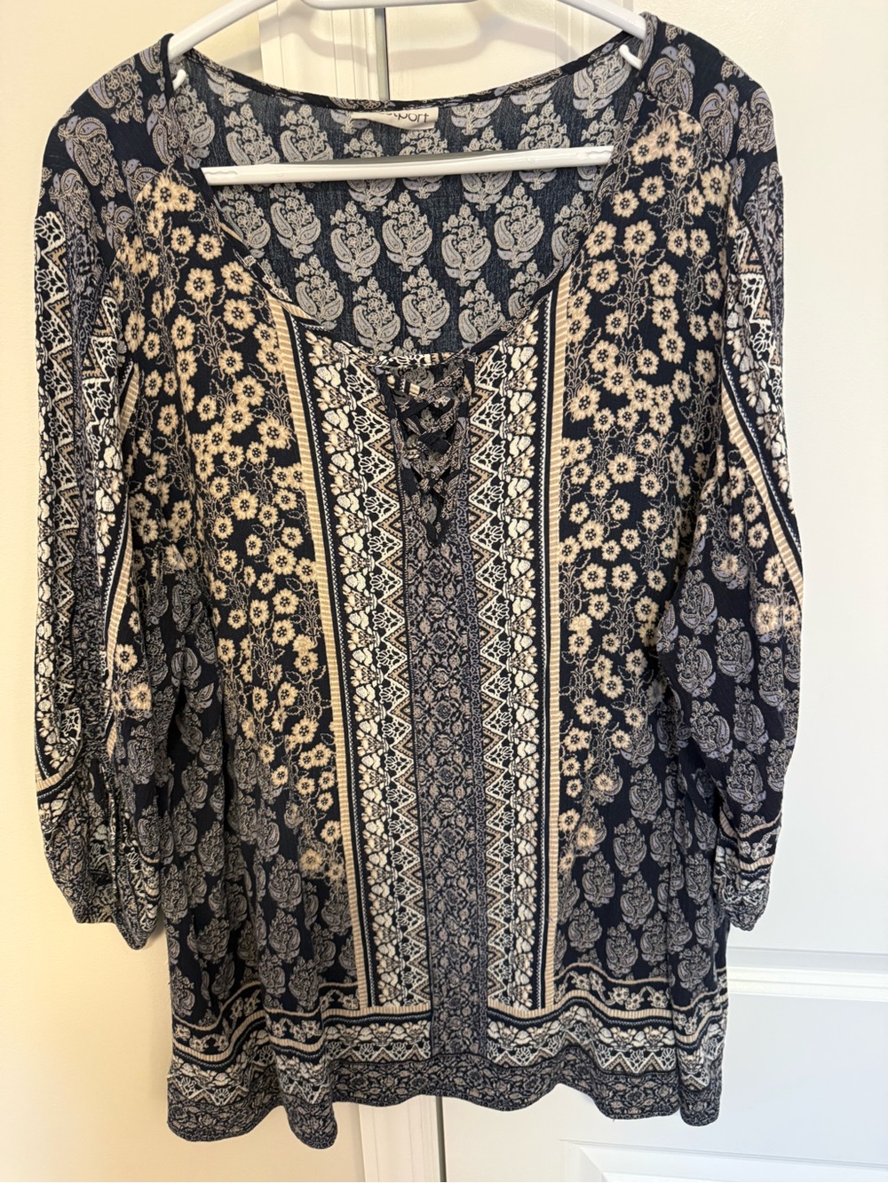 Westport Navy and Cream Lace-Up Boho Tunic